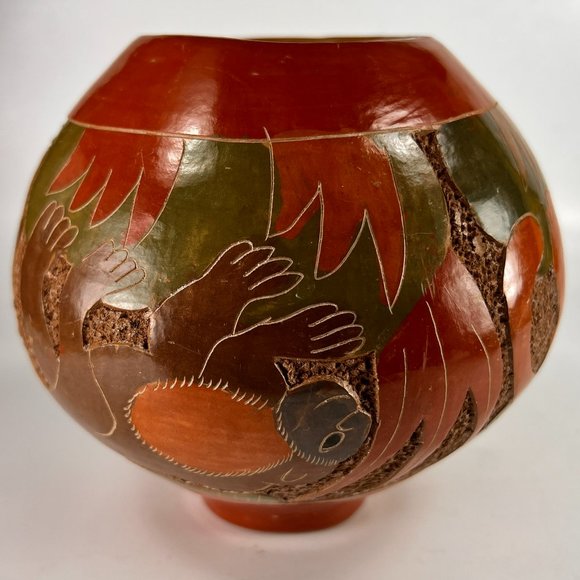 Nicaragua Monkey Vase Clay Pottery Carved Incised Folk Art Rustic 5" - Picture 10 of 16